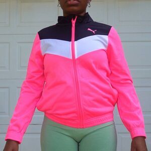 PUMA Kids L Colorblock Track Jacket Pink Black White Full Zip Athletic Top